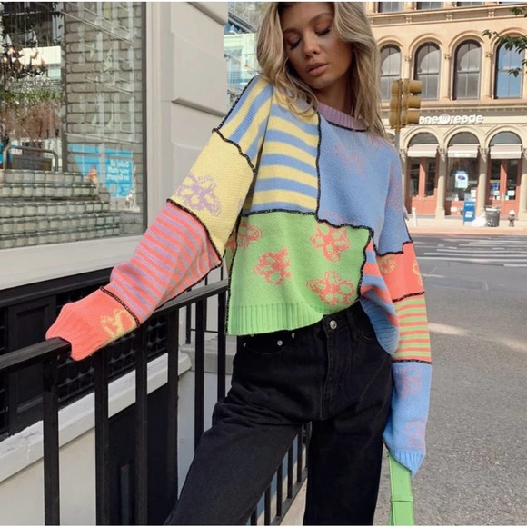 The Ragged Priest Sweaters - The Ragged Priest Banger Knit Patchwork Oversized Sweater, Floral Stripe Blue